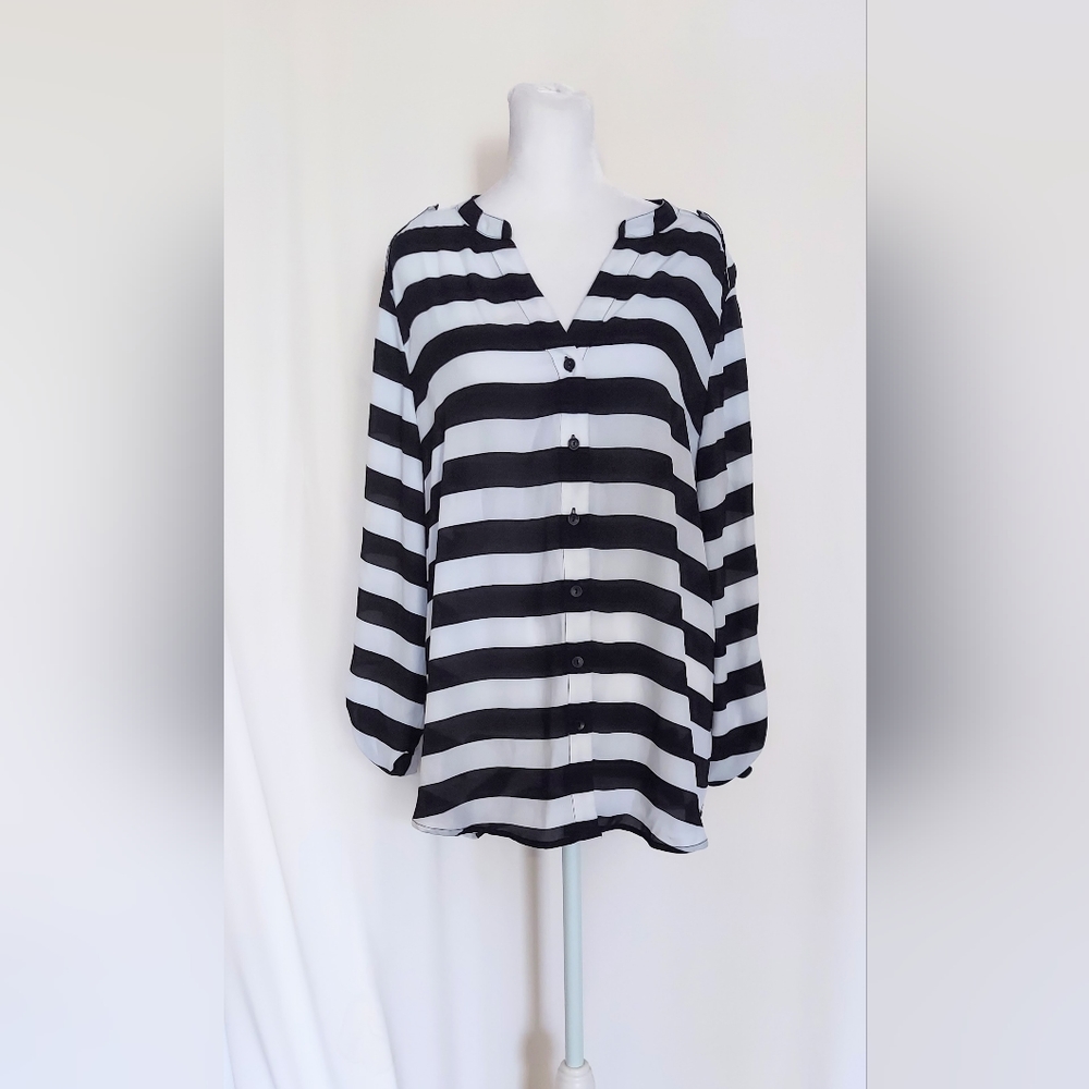 Zac & Rachel Button Down Top Shirt Black White Stripe Size Large